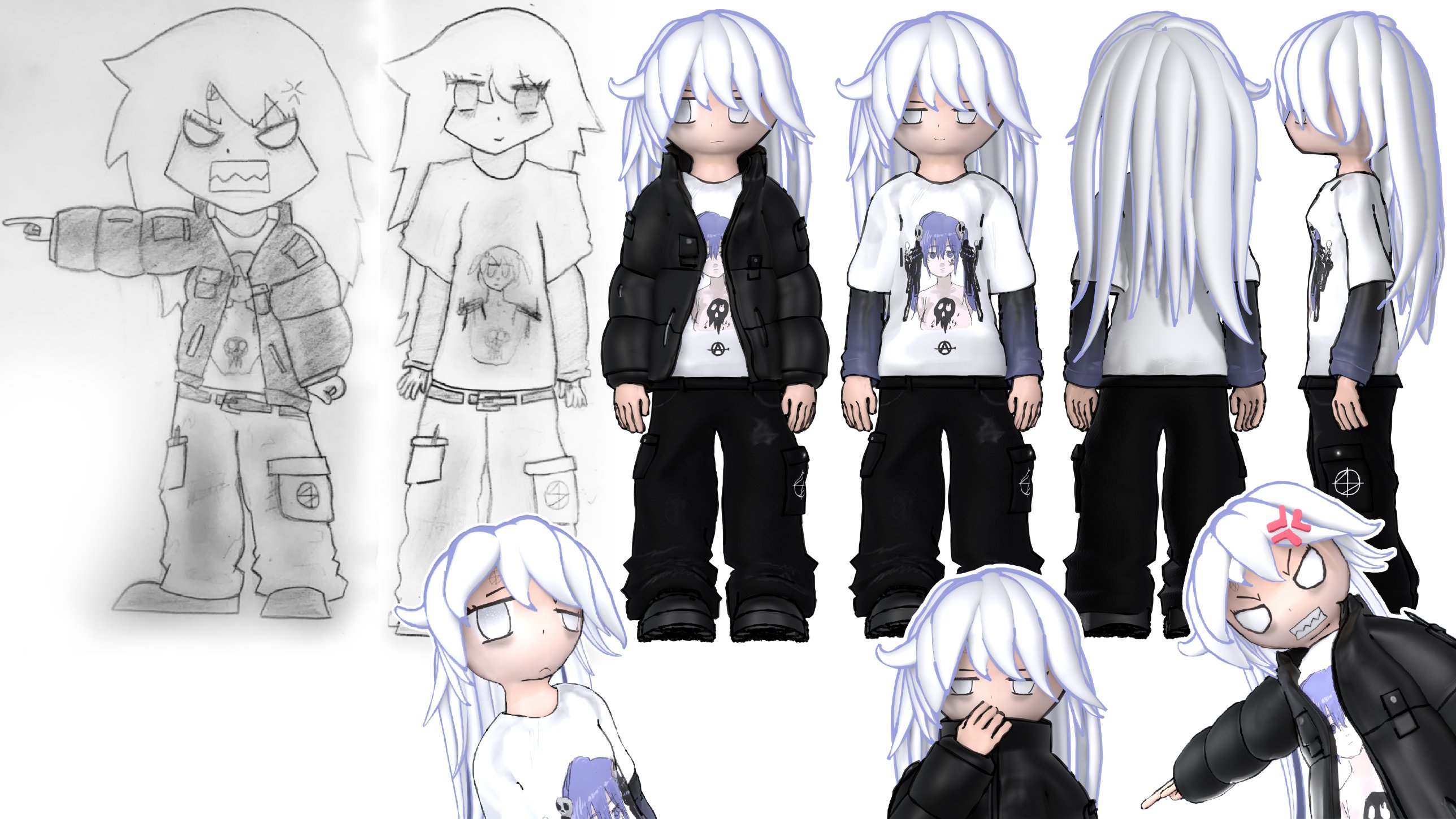Ino character design: rough sketches and 3D model turnaround
